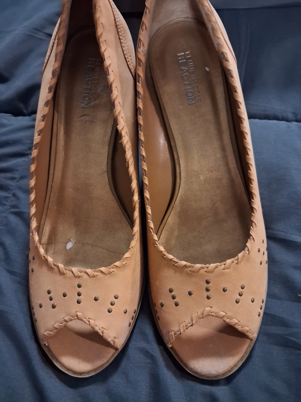 Cole Haan Tan Leather Peep-Toe Flats with Braided Trim